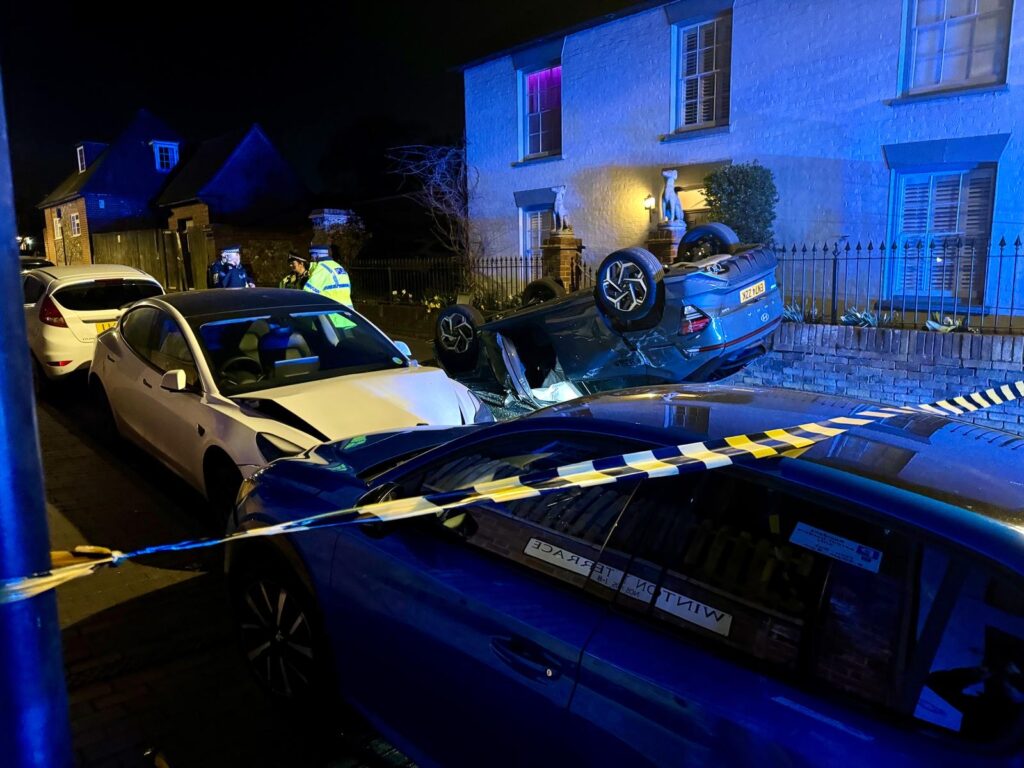 Flipped car in Old London Road. Photo: Toby Shepheard.