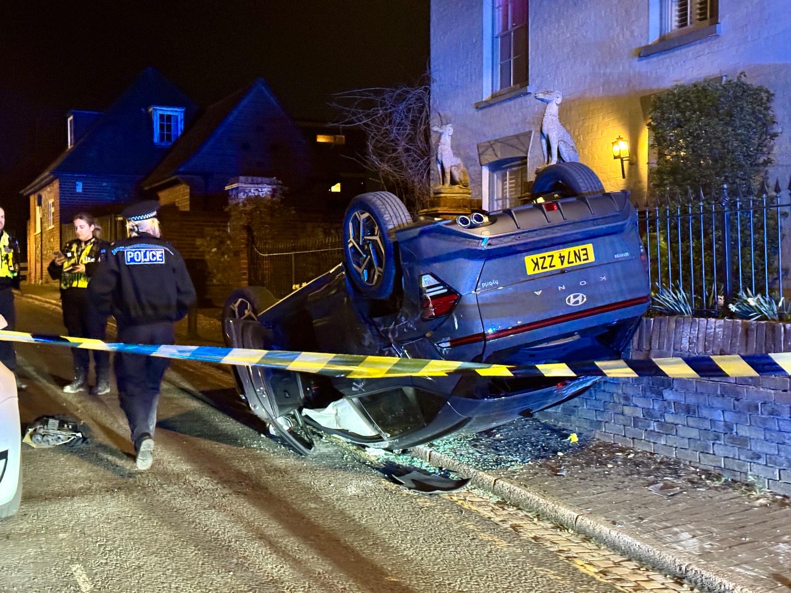 Flipped car in Old London Road. Photo: Toby Shepheard.
