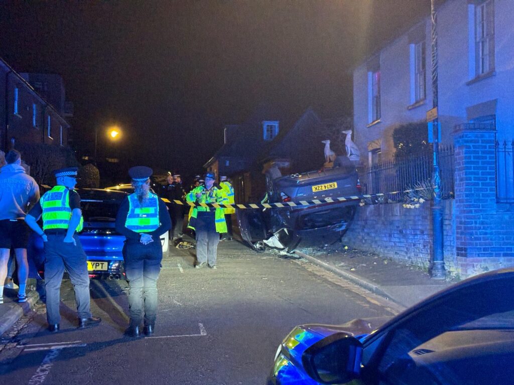Flipped car in Old London Road. Photo: Toby Shepheard.
