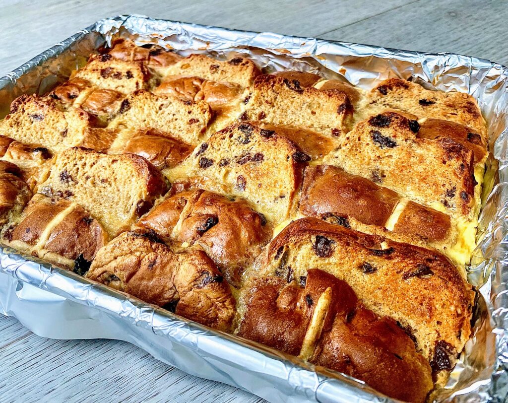 Hot cross bun and butter pudding