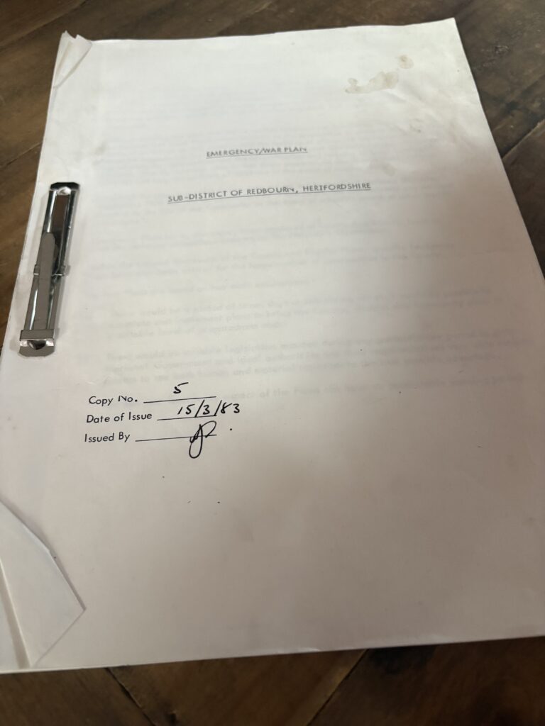 The cover of the emergency/war plan for Redbourn sub-district.