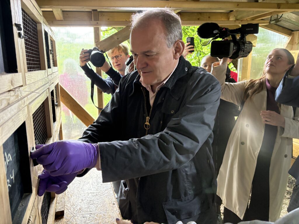 Victoria Collins and Ed Davey at Hornbeam Hedgehog Sanctuary in Harpenden.