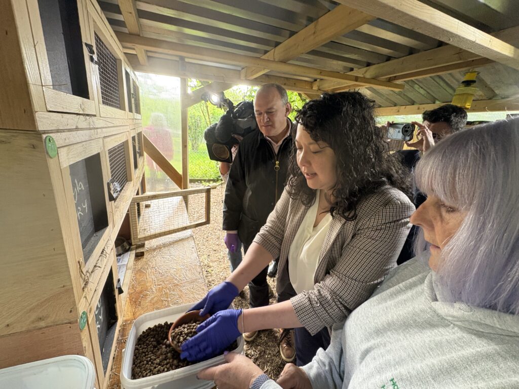 Victoria Collins and Ed Davey at Hornbeam Hedgehog Sanctuary in Harpenden.