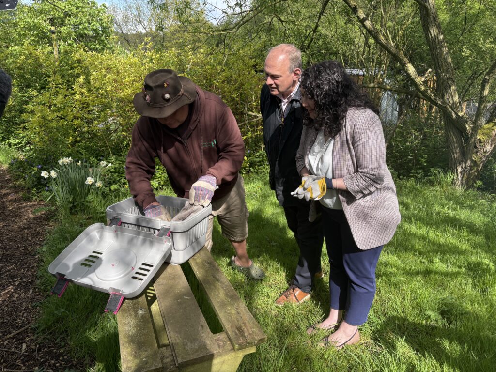 Victoria Collins and Ed Davey at Hornbeam Hedgehog Sanctuary in Harpenden.