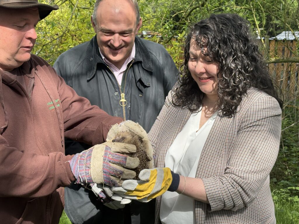 Victoria Collins and Ed Davey at Hornbeam Hedgehog Sanctuary in Harpenden.