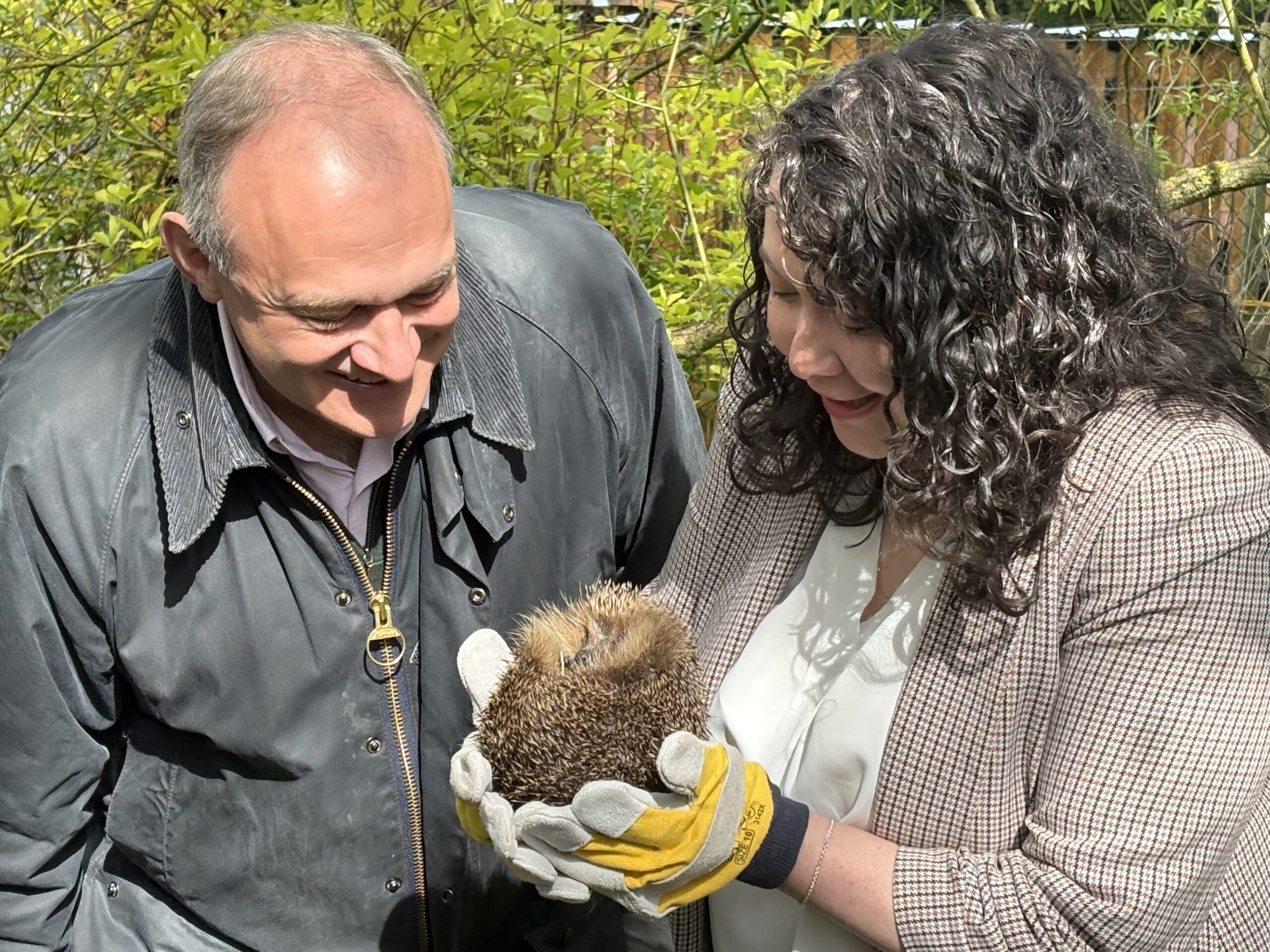 Victoria Collins and Ed Davey at Hornbeam Hedgehog Sanctuary in Harpenden.