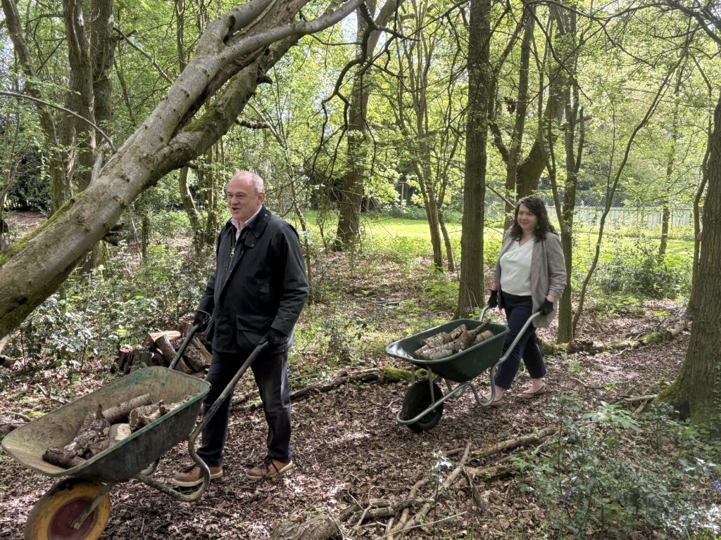 Victoria Collins and Ed Davey at Hornbeam Hedgehog Sanctuary in Harpenden.