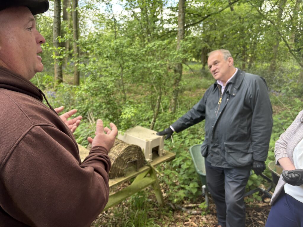 Victoria Collins and Ed Davey at Hornbeam Hedgehog Sanctuary in Harpenden.