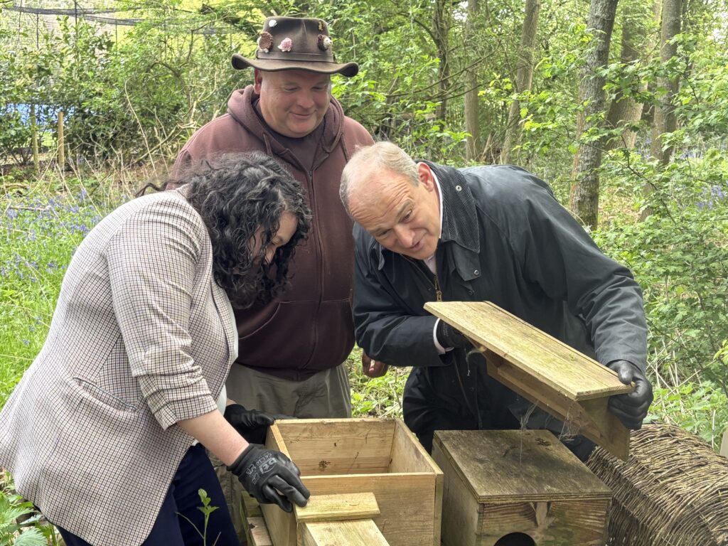 Victoria Collins and Ed Davey at Hornbeam Hedgehog Sanctuary in Harpenden.