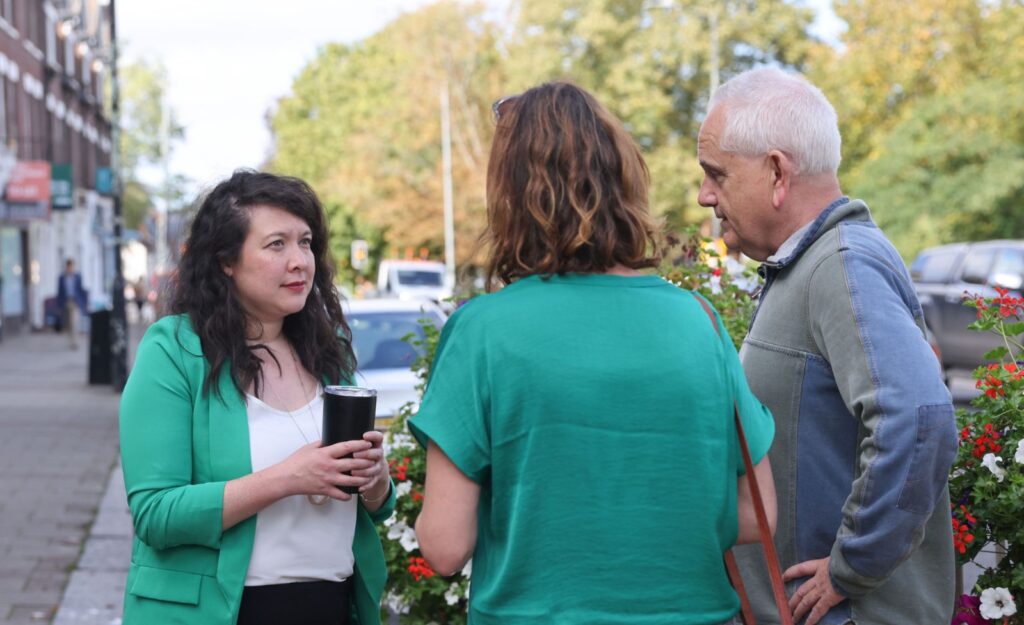 Harpenden MP Victoria Collins talks to shoppers in the town.