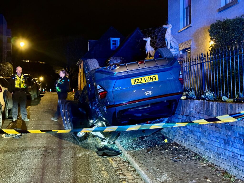 Flipped car in Old London Road. Photo: Toby Shepheard.