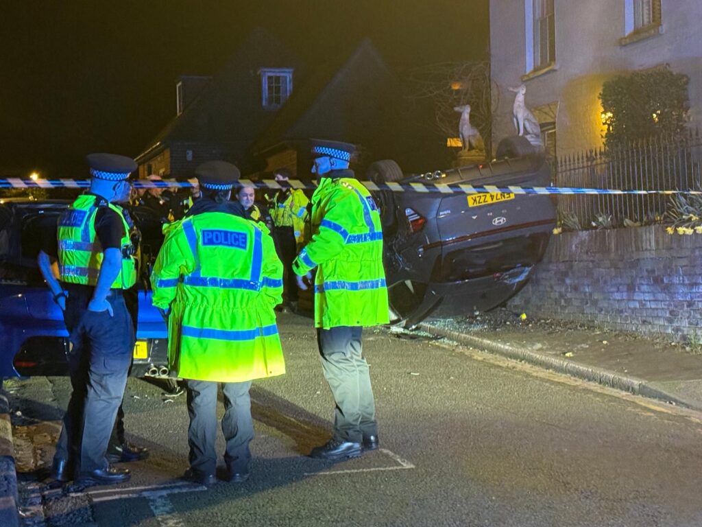 Flipped car in Old London Road. Photo: Toby Shepheard.