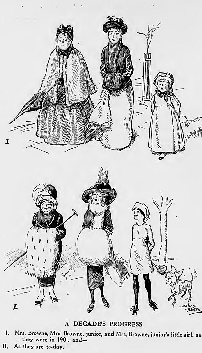 Punch cartoon comparing fashions of 1901 and 1911
