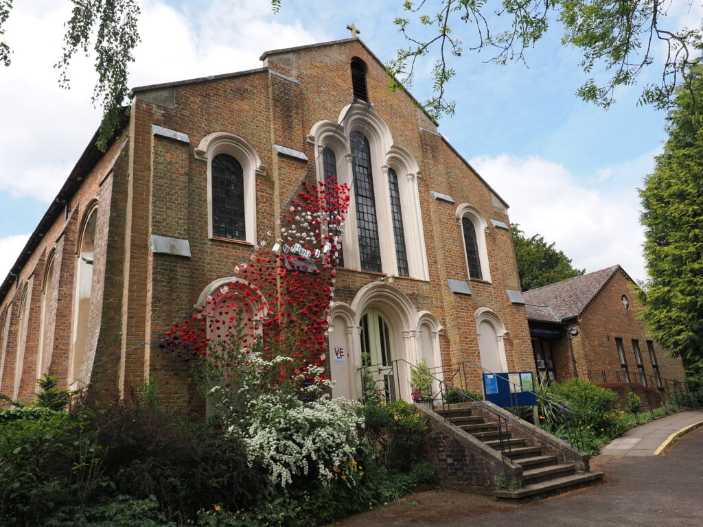 A cascade of poppies on the front of St Peter’s Church in London Colney. Photo: John Andrews