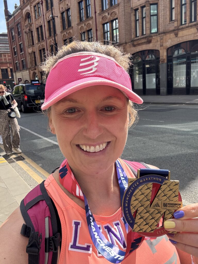 Lindsey after completing the Manchester Marathon at the end of her month of runs.