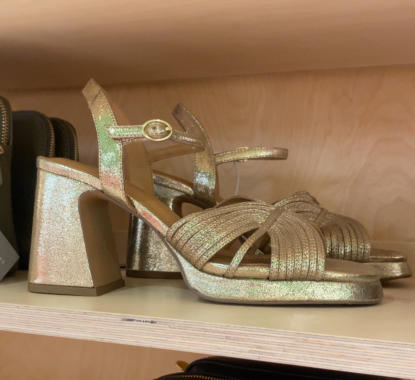 Gold metallic fan leather platform heeled sandals - Oliver Bonas