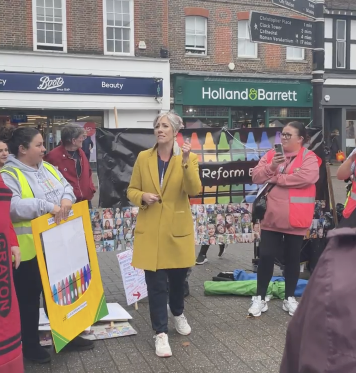 Daisy Cooper speaking at a St Albans protest calling for SEND reform, in 2023.