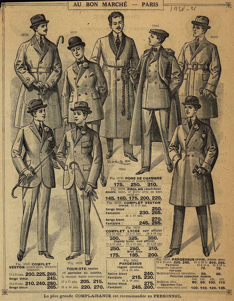 Fashion plate with men in jackets and frock coats, from Au Bon Marche, Paris, 1920-29.