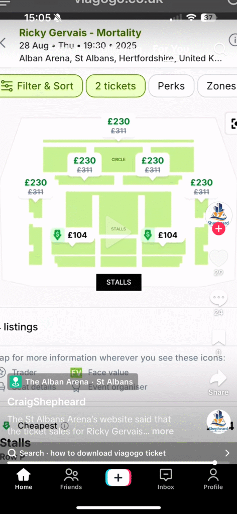 Ticket resale site Viagogo is selling Alban Arena Ricky Gervais tickets for hundreds of pounds.