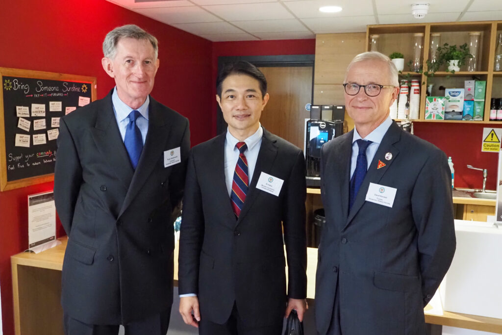 L to R Roger Butterworth, Chairman, Bi Haibo, Minister Counsellor, Chinese Embassy, David Kendall, Trustee of the Society at the Eric Morecambe Centre