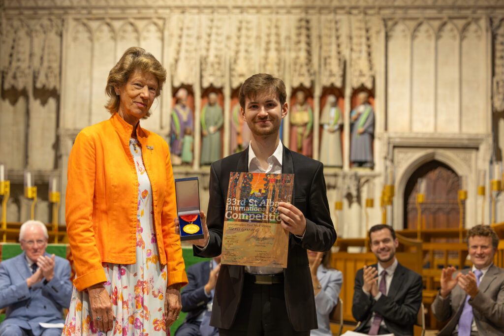 First Prize and Gold Medal for Interpretation was awarded to Alexis Grizard. Presentation photo with the Countess of Verulam