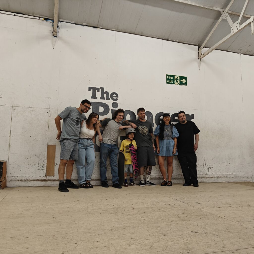 Fraser’s parents Adam and Lucy Gaygusuz, Kris (Pioneer Skate teacher), Fraser, Charlie Spelzini (Pioneer skatepark manager), Sarah Dyer (programme manager, Pioneer), Nick Zorlac (Death Skateboards). ';/