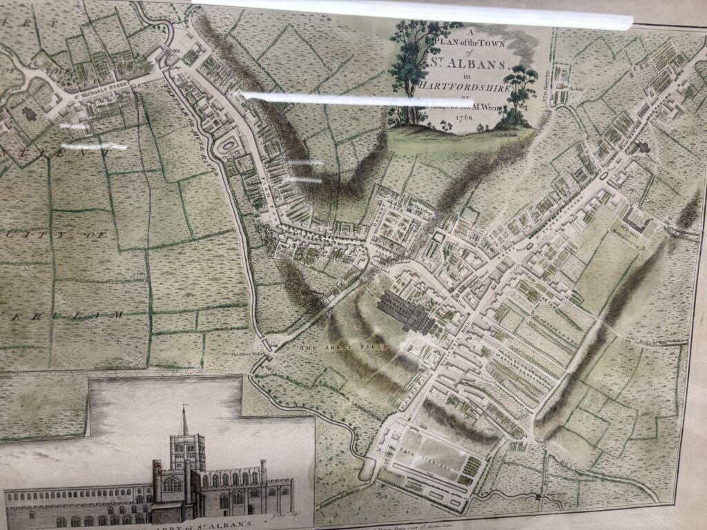 This framed map of St Albans town centre from 1766 includes a pond in St Peter’s Street!