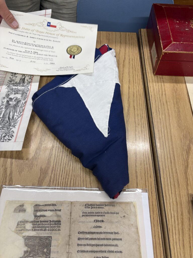 The state flag of Texas that was flown on 9th June 2004 by the Episcopal Youth Chaplain of St Albans at the House of Representatives in St Austin to celebrate St Albans Day