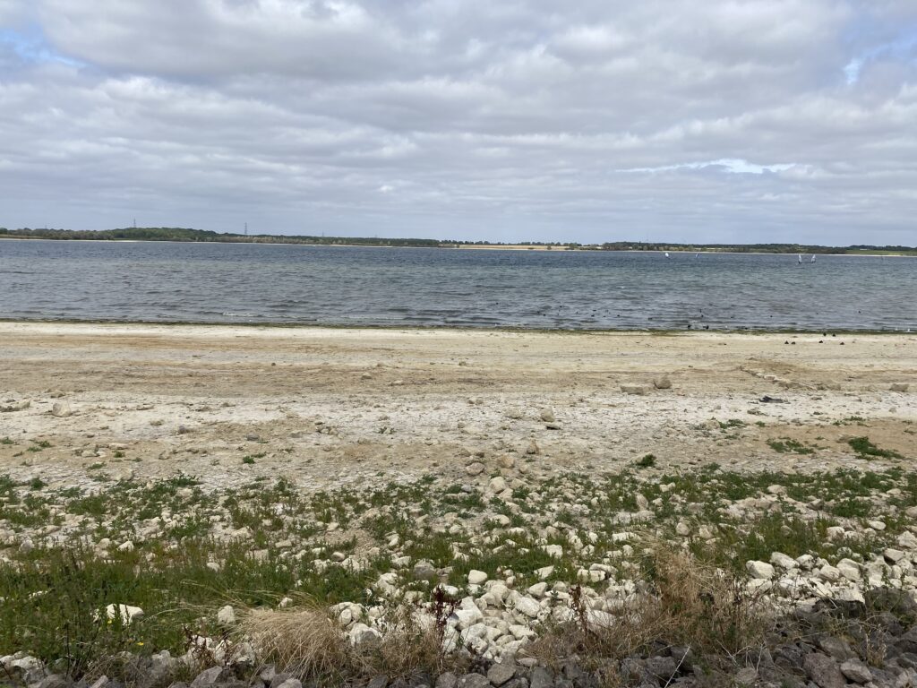 Grafham Water during the drought at the end of August. The bedrock is showing for a long way, which means low water levels after just six weeks of dry weather.
