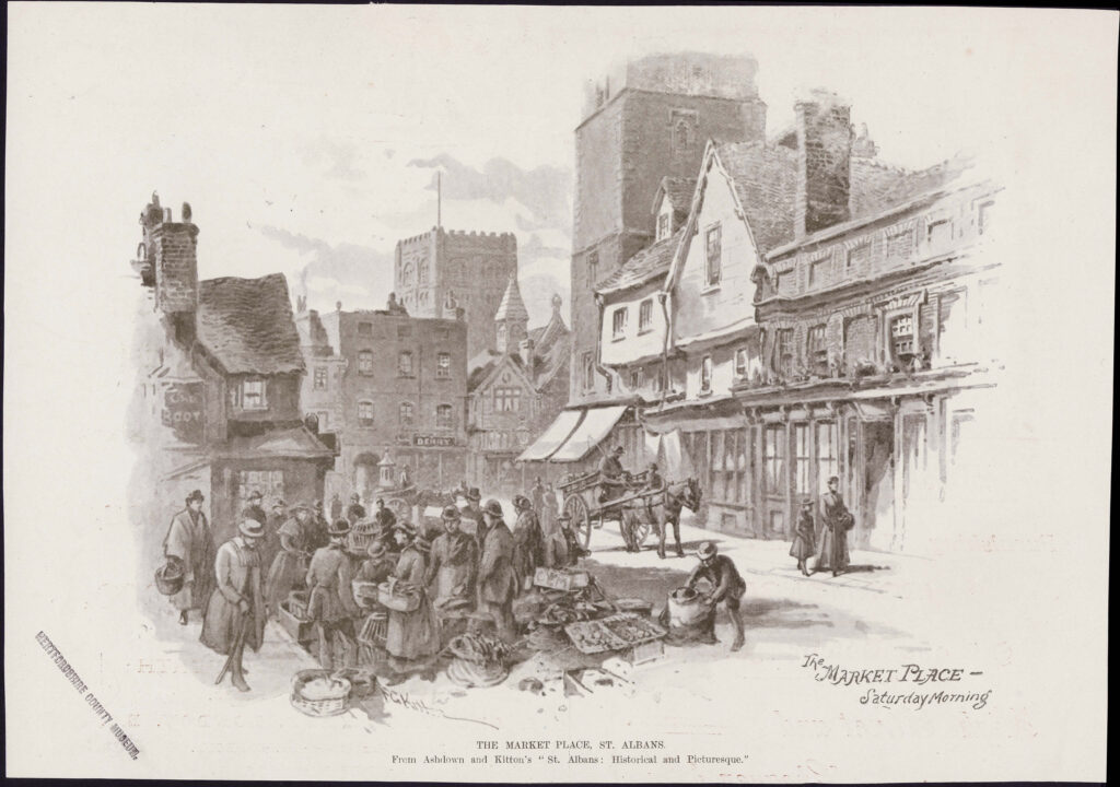F G Kitton, or after Kitton - "The Market Place, Saturday Morning" 1889. Copyright: St Albans Museums
