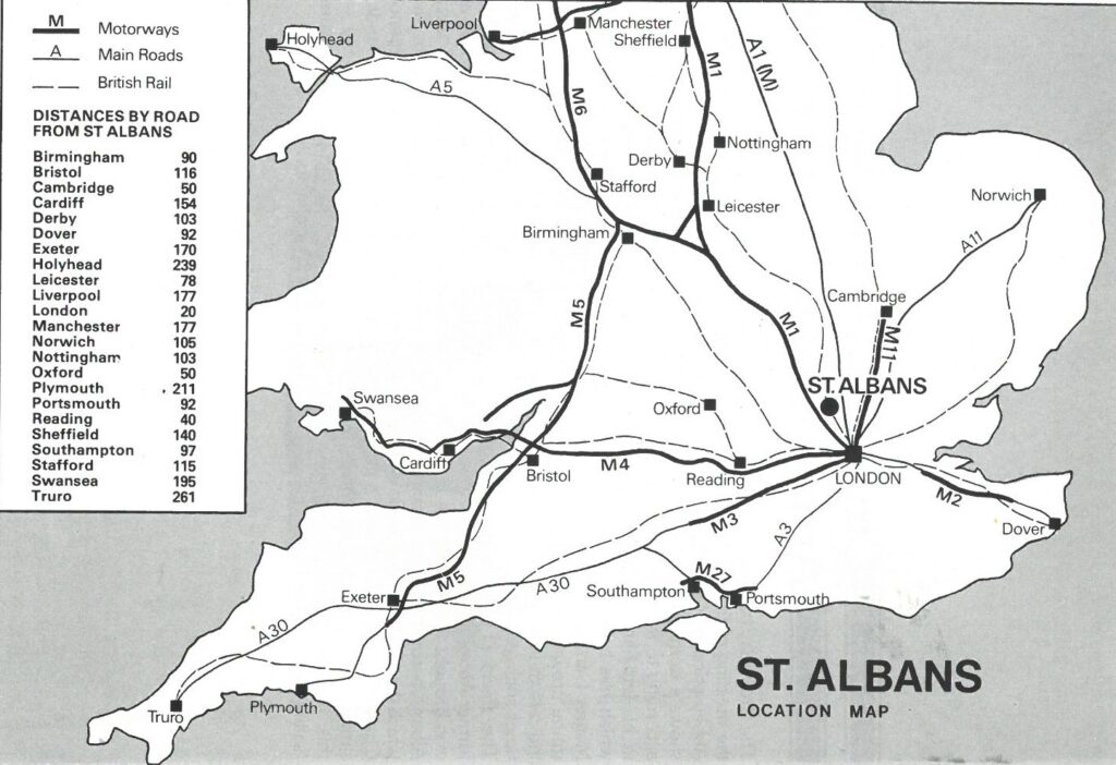 A map of routes to St Albans pre-M25.