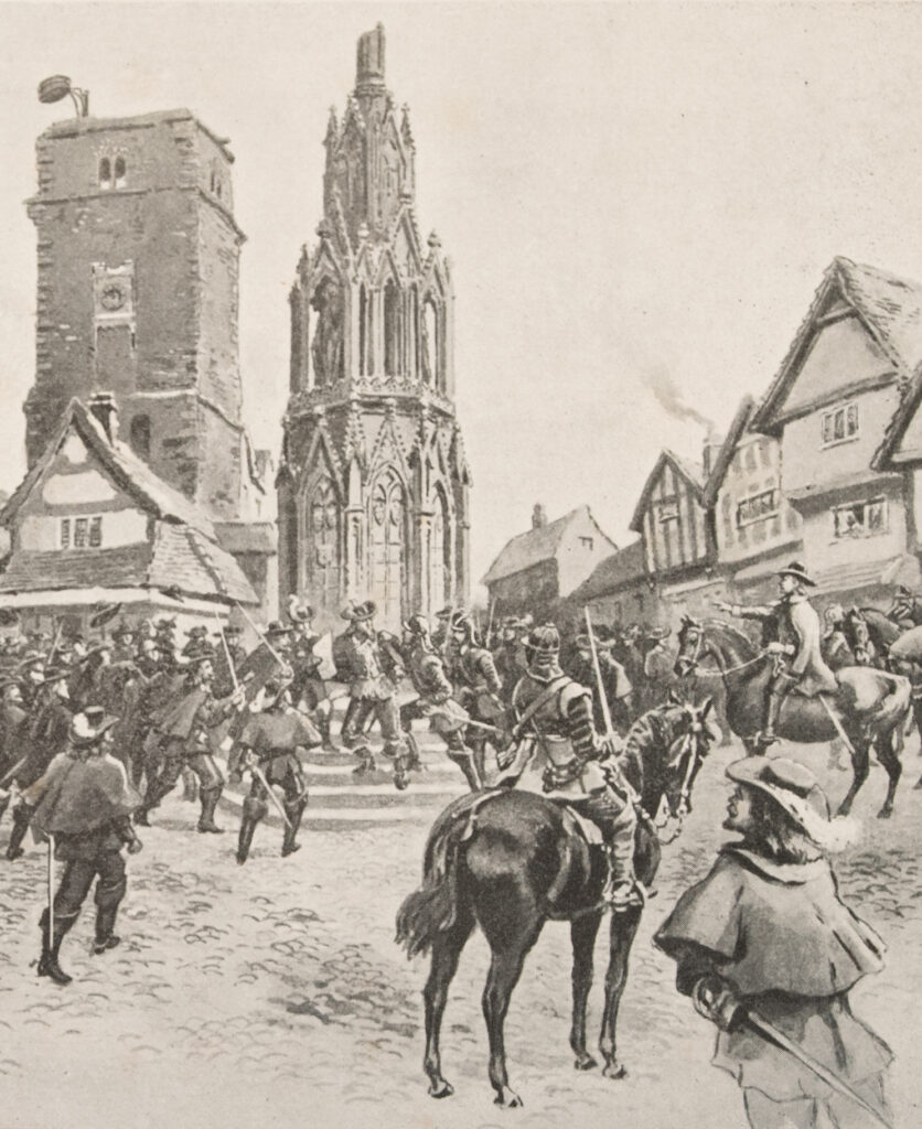 The seizure of the Sheriff of Hertfordshire Thomas Coningsbury by Oliver Cromwell in St Albans marketplace, January 1643, by Frederick Kitton. Coningsbury had been appoined by the king to persuade the inhjabitants of St Albans to change their allegiance to him, but he was surprised by Cromwell and his troops while reading a proclamation at the Market Cross. From the collection of John Morewood.