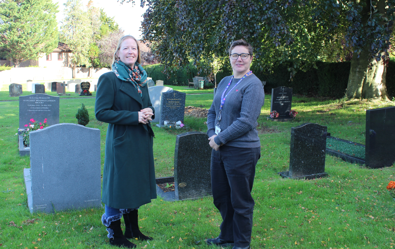 Cllr Helen Campbell, left, is shown round Westfield Road Cemetery in Harpenden by Cemeteries manager Kate Mercer