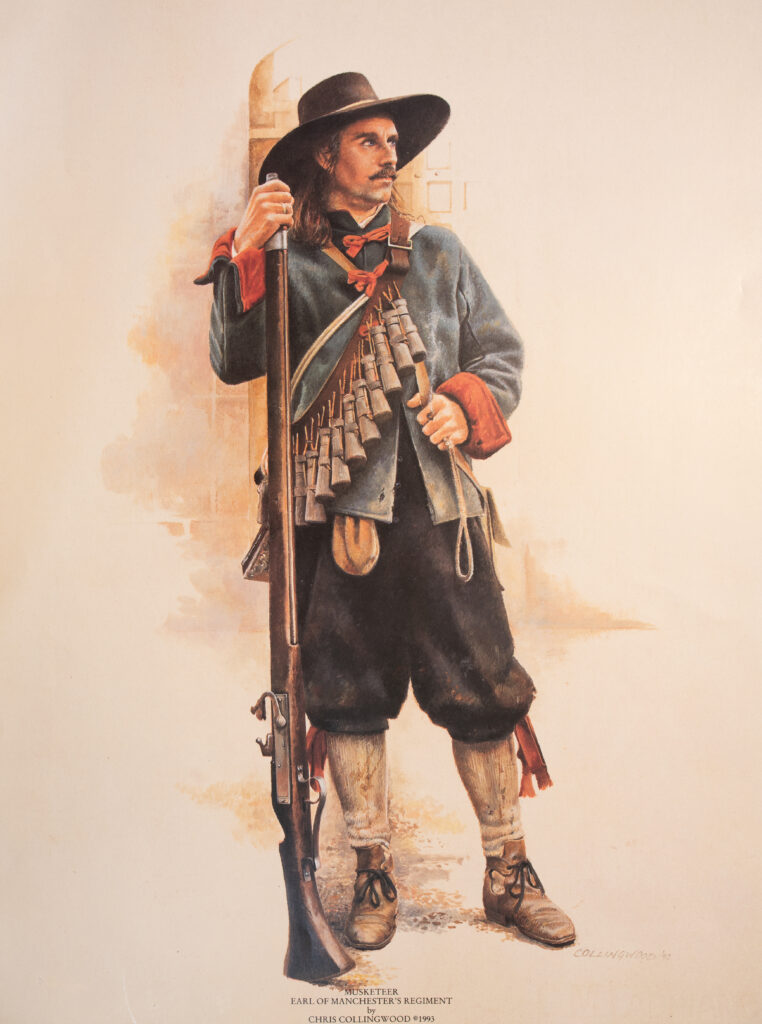 A musketeer of the Earl of Manchester's regiment. Stationed at St Albans in 1644. Original artwork by Chris Collingwood. Copyright Chris Collingwood, licensed to John Morewood. John Morewood collection.