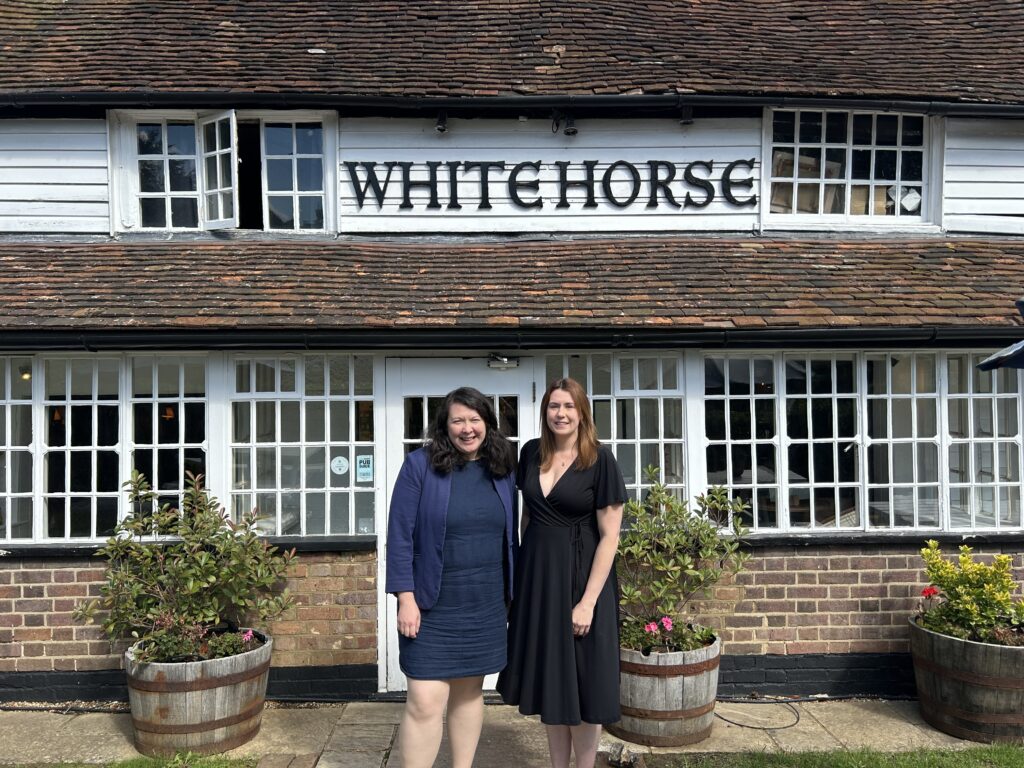Victoria Collins outside The White Horse pub in Harpenden with manager Bronte Bell-Ward.