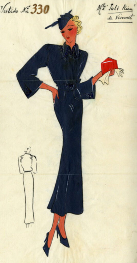 Black suit with red bag, by Vionnet. 1932-34.