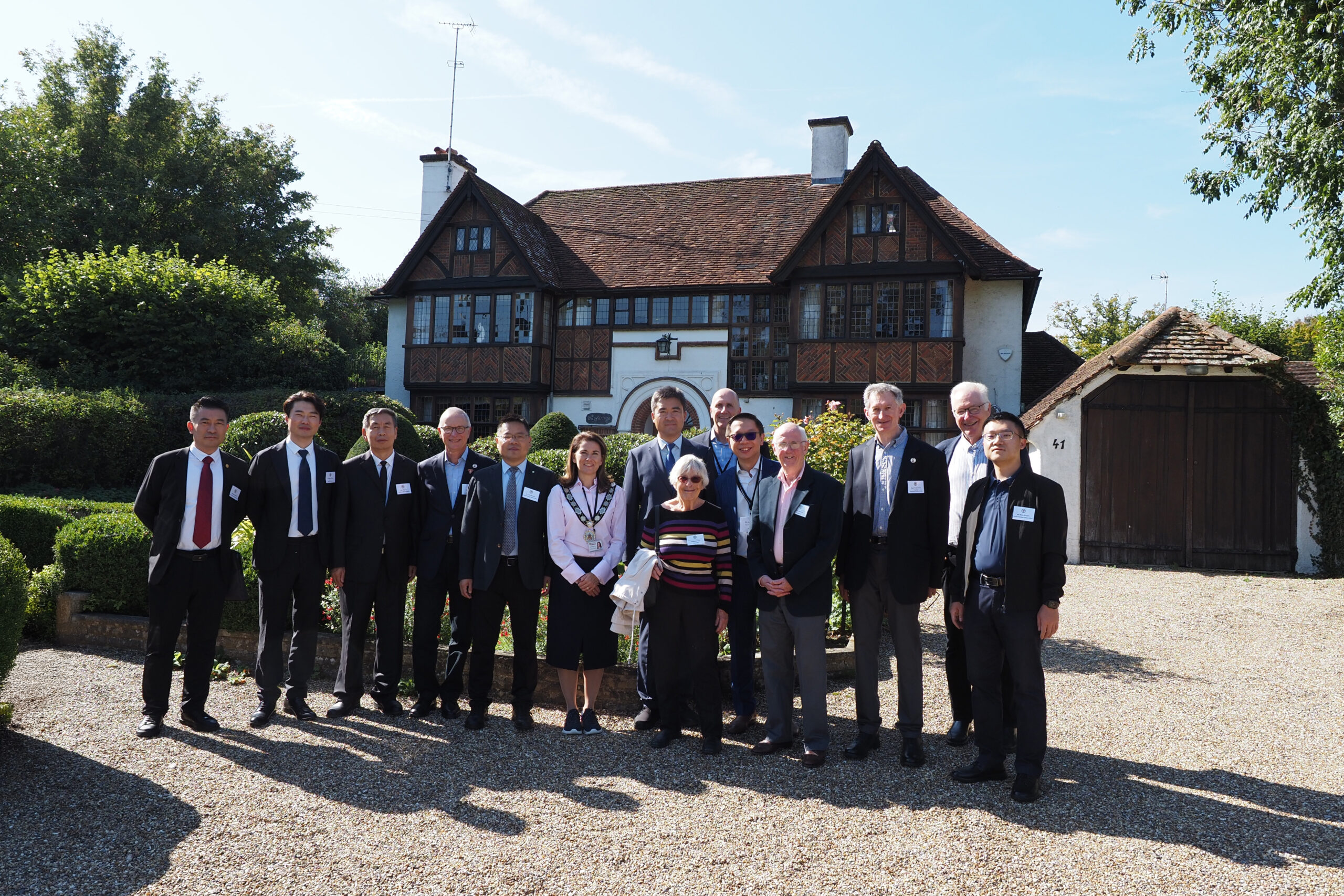 The Mayor, delegation and others outside Wayfarings, Leyton Road, one time Hogg family home