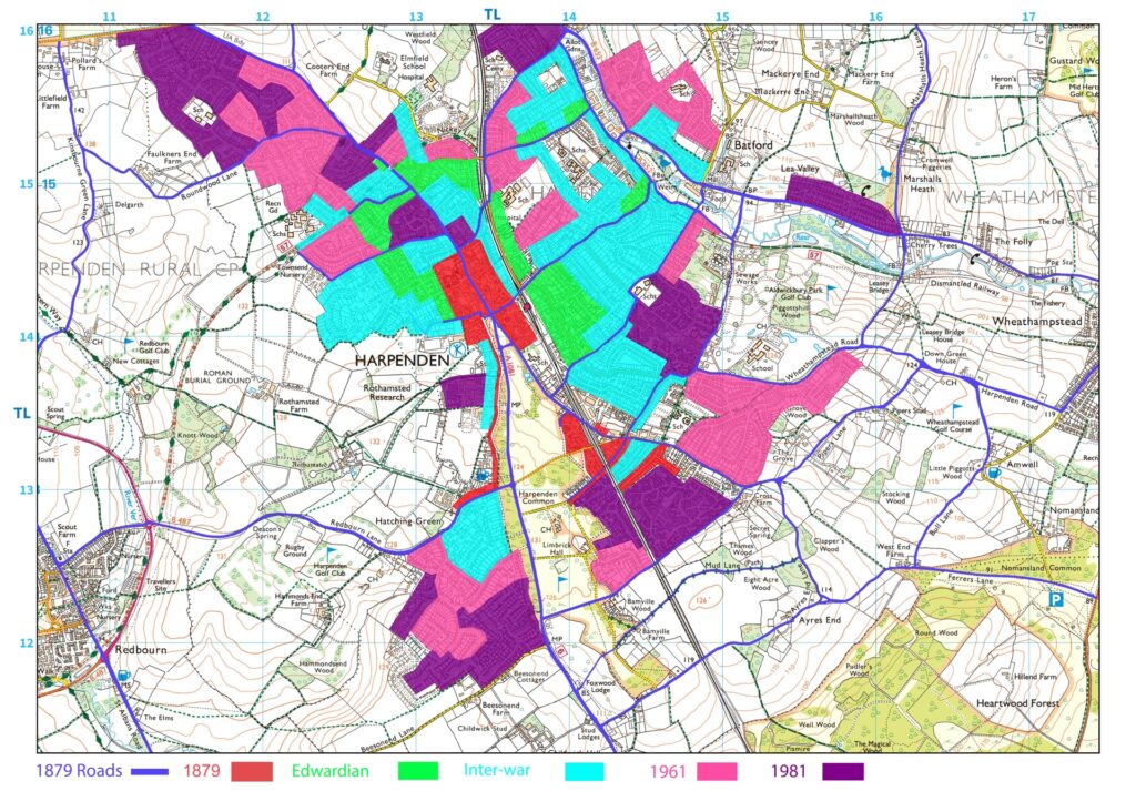 Growth 1879 to 1981 - Colours denote time periods of development