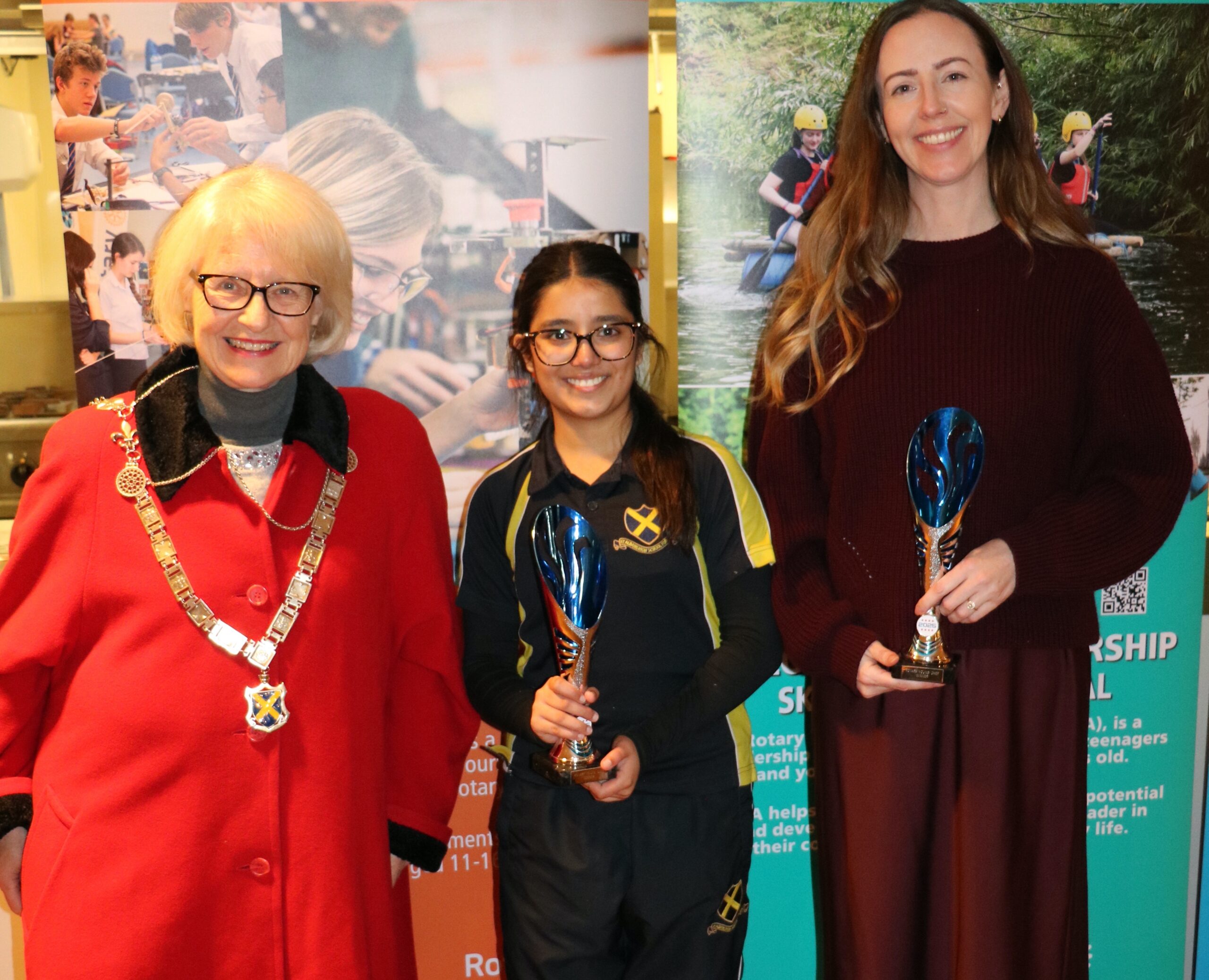 Mayor of St Albans, Cllr Teresa Heritage, with winner Reya Shah of STAHS and her teacher Nicola Froud.
