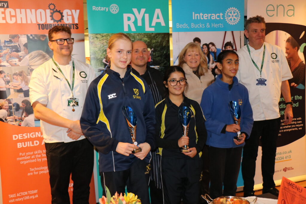 Rotary Young Chef winners and judges: Martin West, lecturer at Oaklands College, Beatrix Ruffles of STAHS who was placed second, Michael Cox, head chef Aldwickbury Golf Club, Reya Shah of STAHS, the winner, Alison Cueil, food and technology lecturer, Dhruvi Patel of Heathlands School who was placed third, Mark Sharples, chief lecturer for hospitality and catering at Oaklands College.