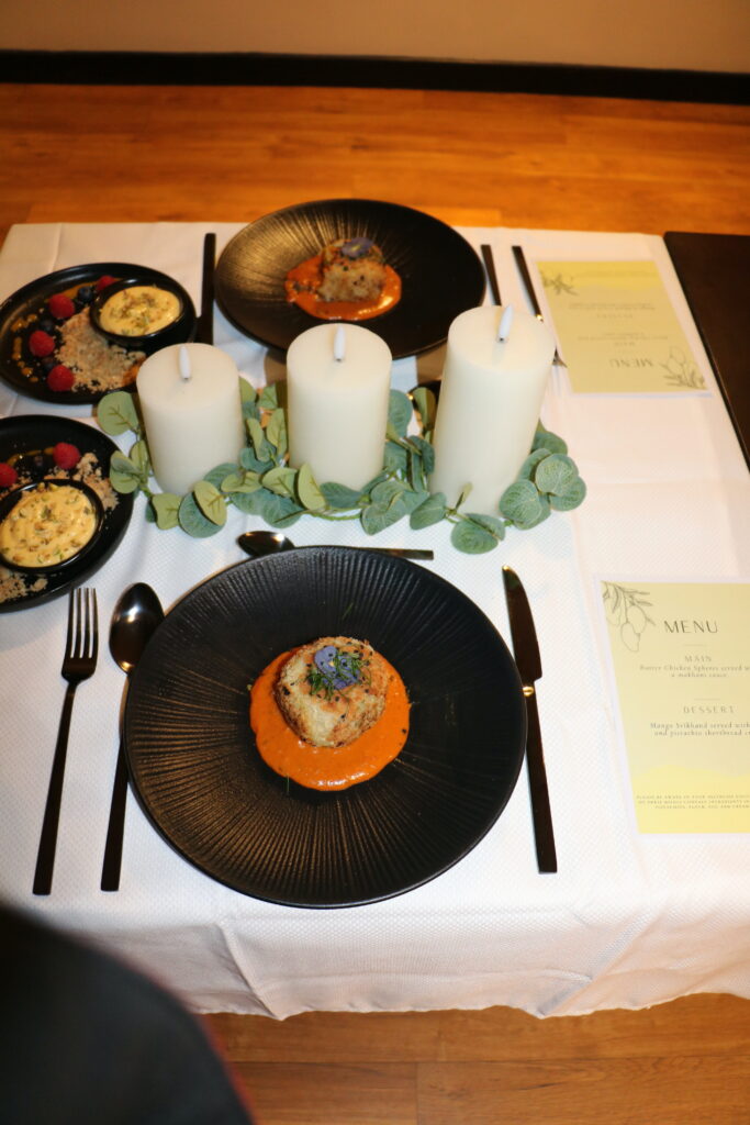 The winning meal: Butter Chicken Spheres served with makhani sauce and a dessert of Mango Srikhand with pistachio and rose shortbread crumble.