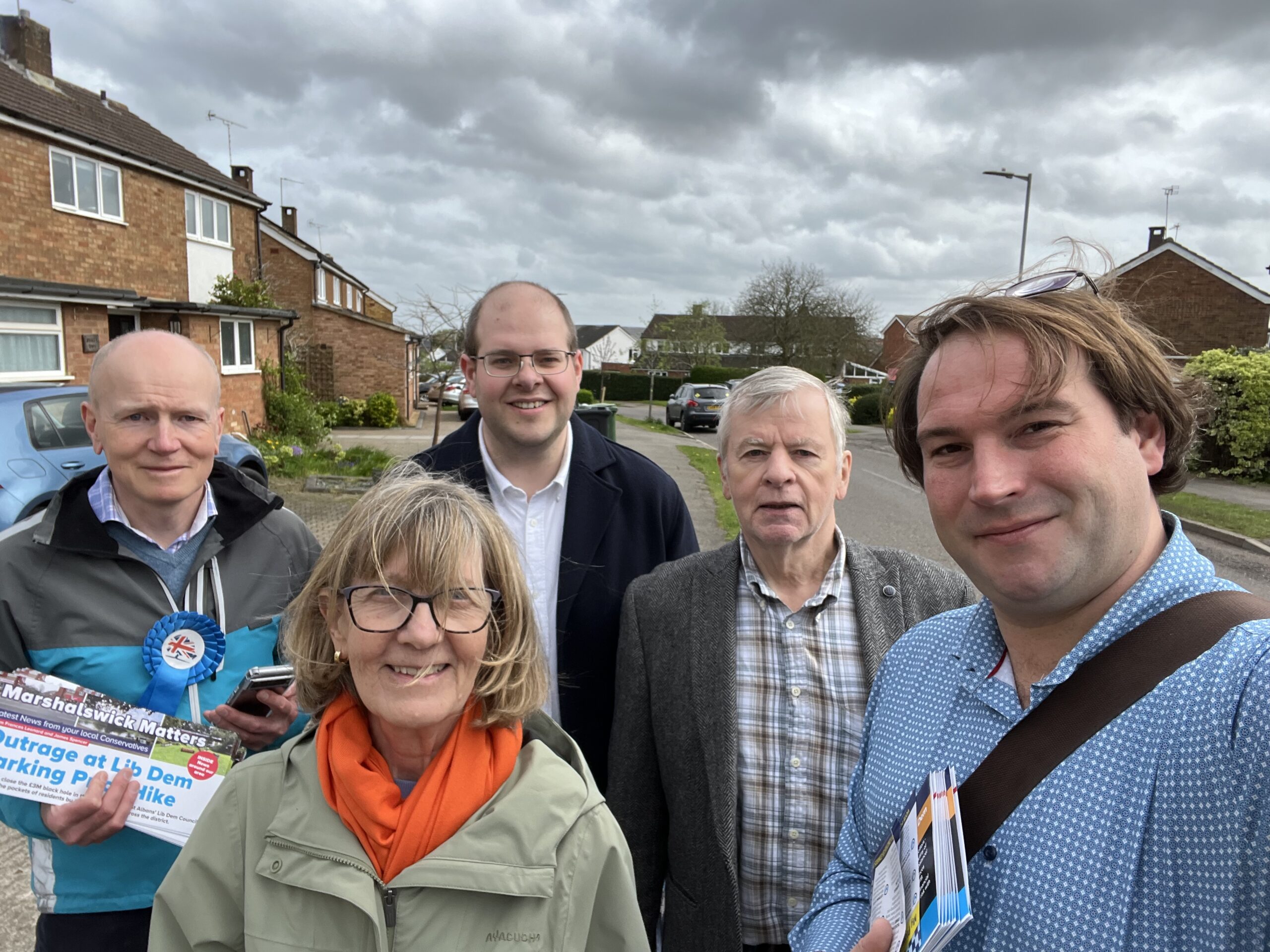 James Spencer (far right), Frances Leonard (centre), Alec Campbell (left), Jonathan Ash-Edwards and Ambrose Killen out on the campaign trail in 2024.