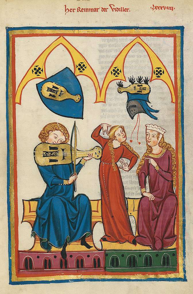 Musician with two women dancing; Codex Manesse, UB Heidelberg, Reinmar der Fiedlerder. Circa 1315.