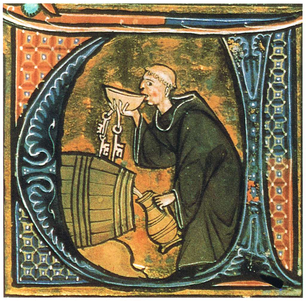 Abbey cellarer testing his wine; Illumination by Aldobrandino of Siena. British Library manuscript