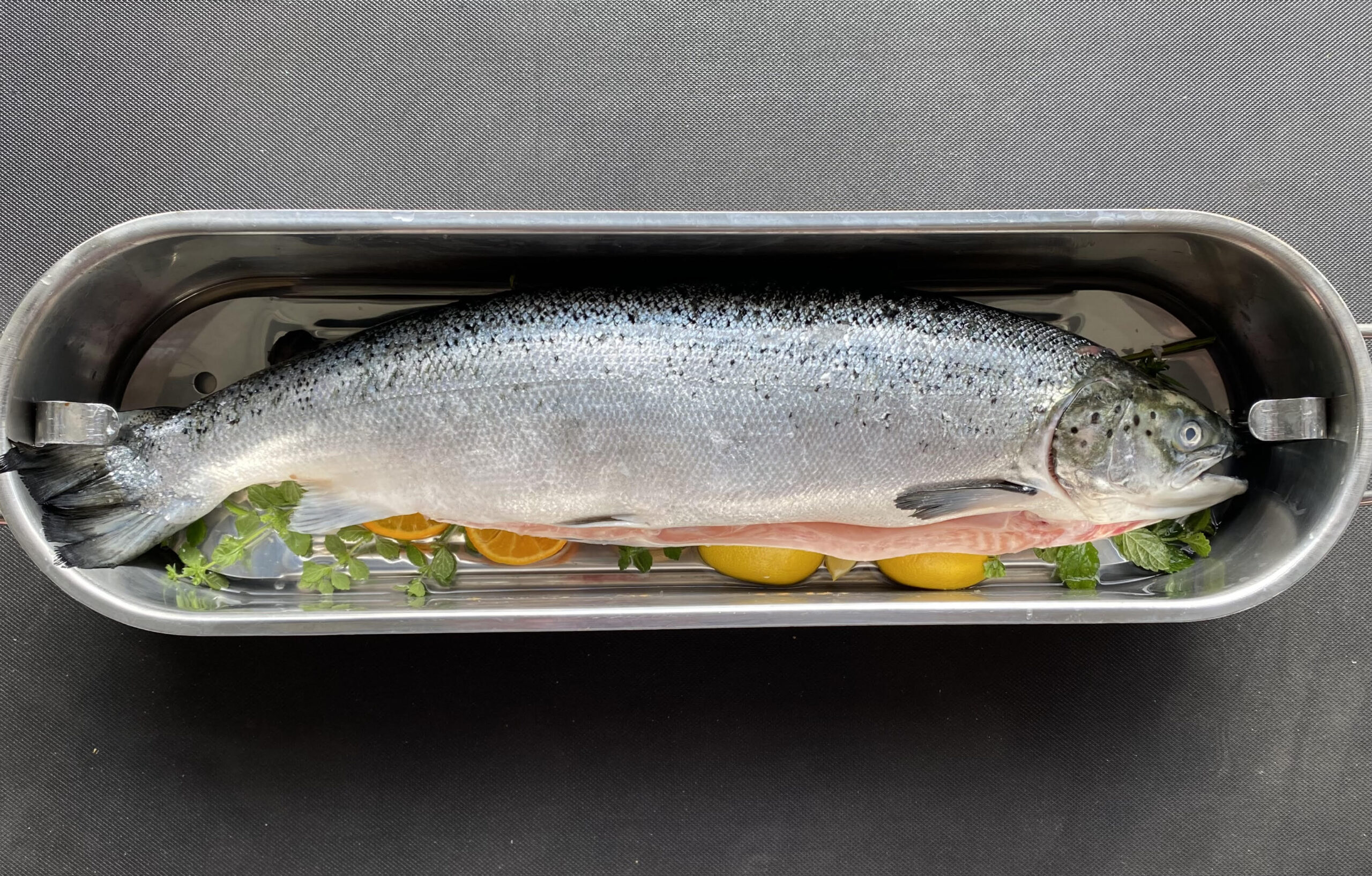 Whole salmon in fish kettle