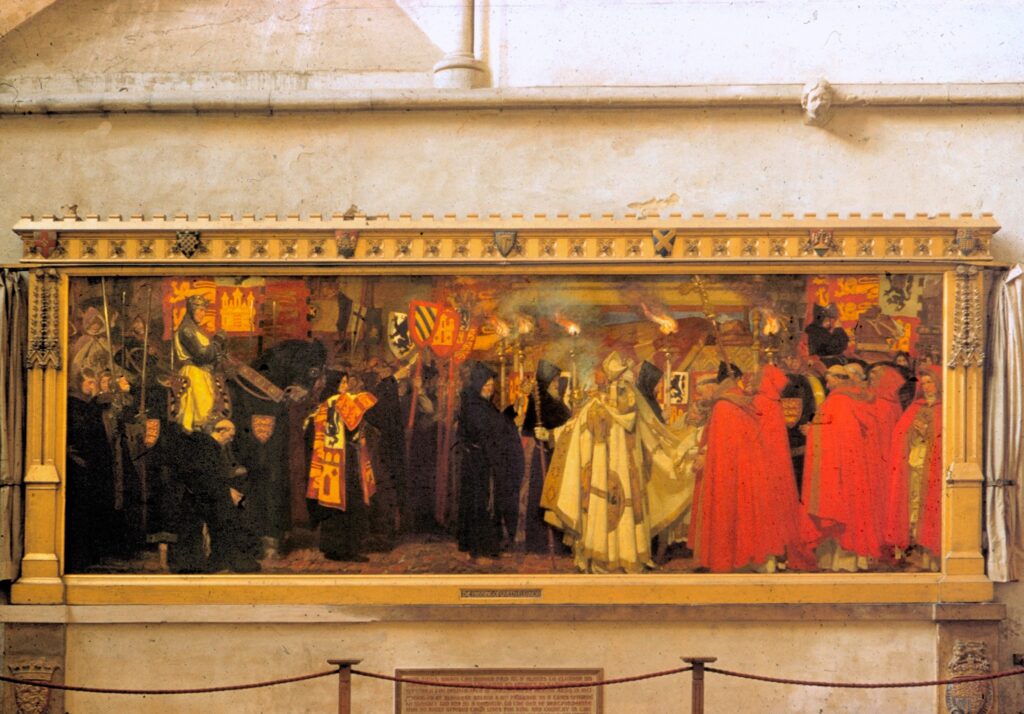 Frank O Salisbury’s painting ‘The Passing of Queen Eleanor through St Albans’, courtesy Cathedral archives