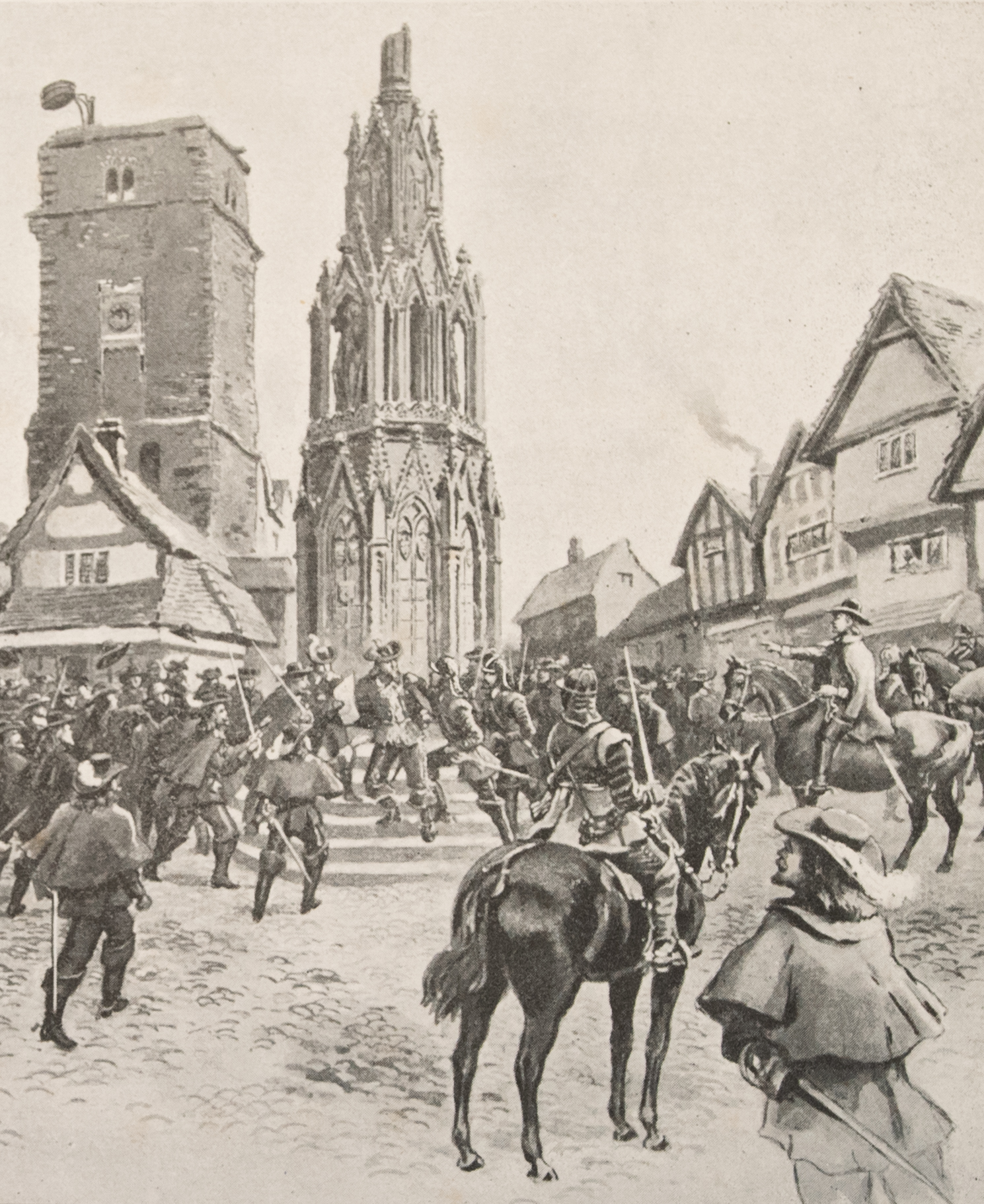 Frederick Kitton's depiction of Oliver Cromwell's arrest of the royalist Sheriff of Hertfordshire in St Albans in front of the Eleanor Cross on Market Day January 1643. Courtesy of John Morewood collection.