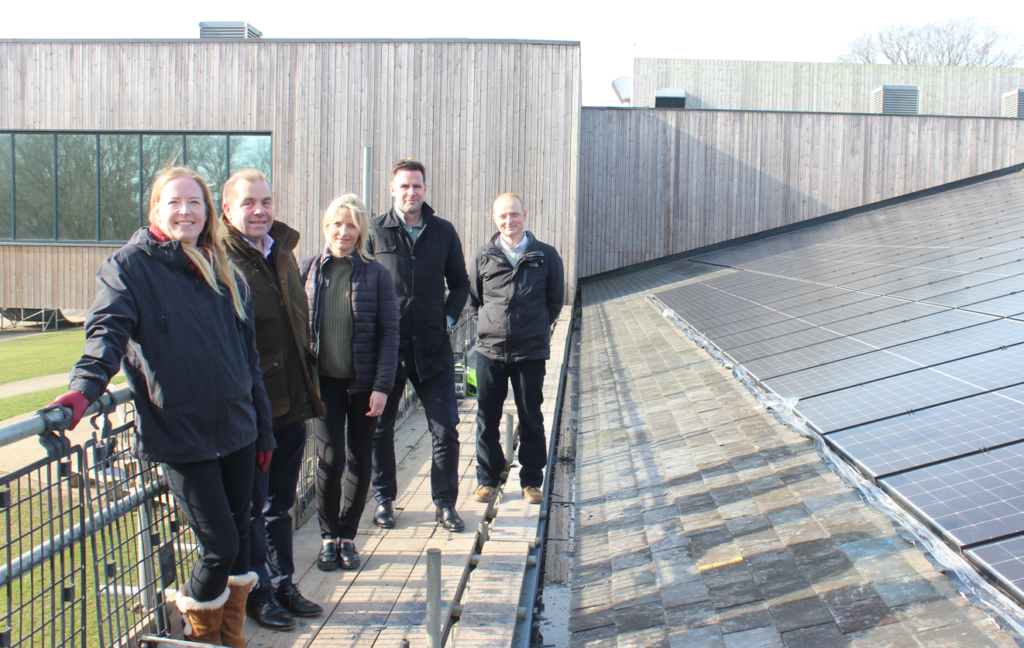 Pictured are Cllr Helen Campbell, SADC lead for leisure, with Alan Evers, managing director of TJ Evers, Chloe Ledger, Harpenden Leisure Centre manager, James McNulty, Everyone Active’s contract manager, and Tristan Luckman, contracts manager for TJ Evers, inspecting the new solar panels on the roof of Harpenden Leisure Centre.
