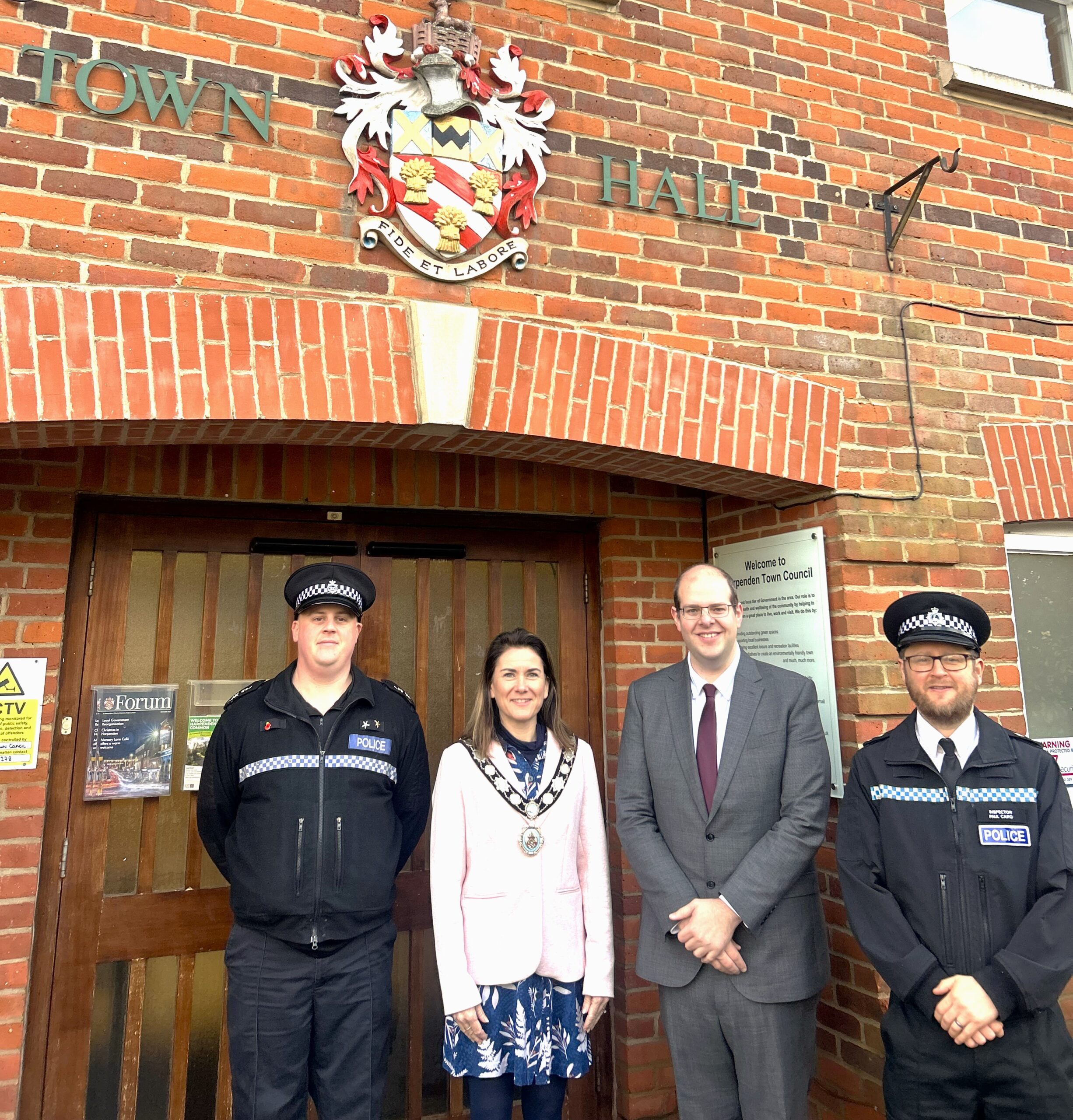 of Police and Crime Commissioner Jonathan Ash- Edwards, Town Major Cllr Beth Fisher with District Neighbourhood Inspector Paul Caro and District Neighbourhood Sergeant Mark Essam