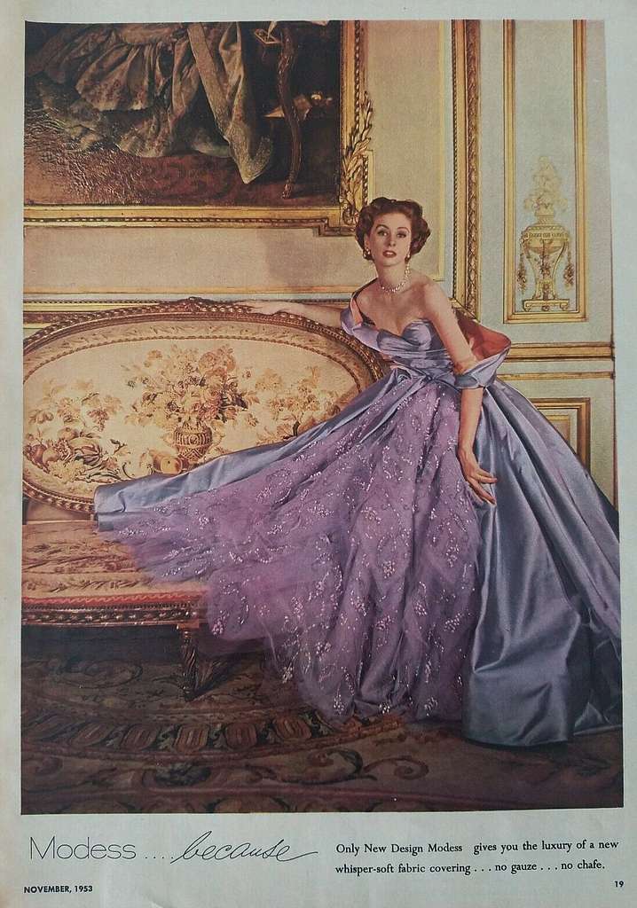 Suzy Parker in lilac evening gown by Christian Dior, November 1953